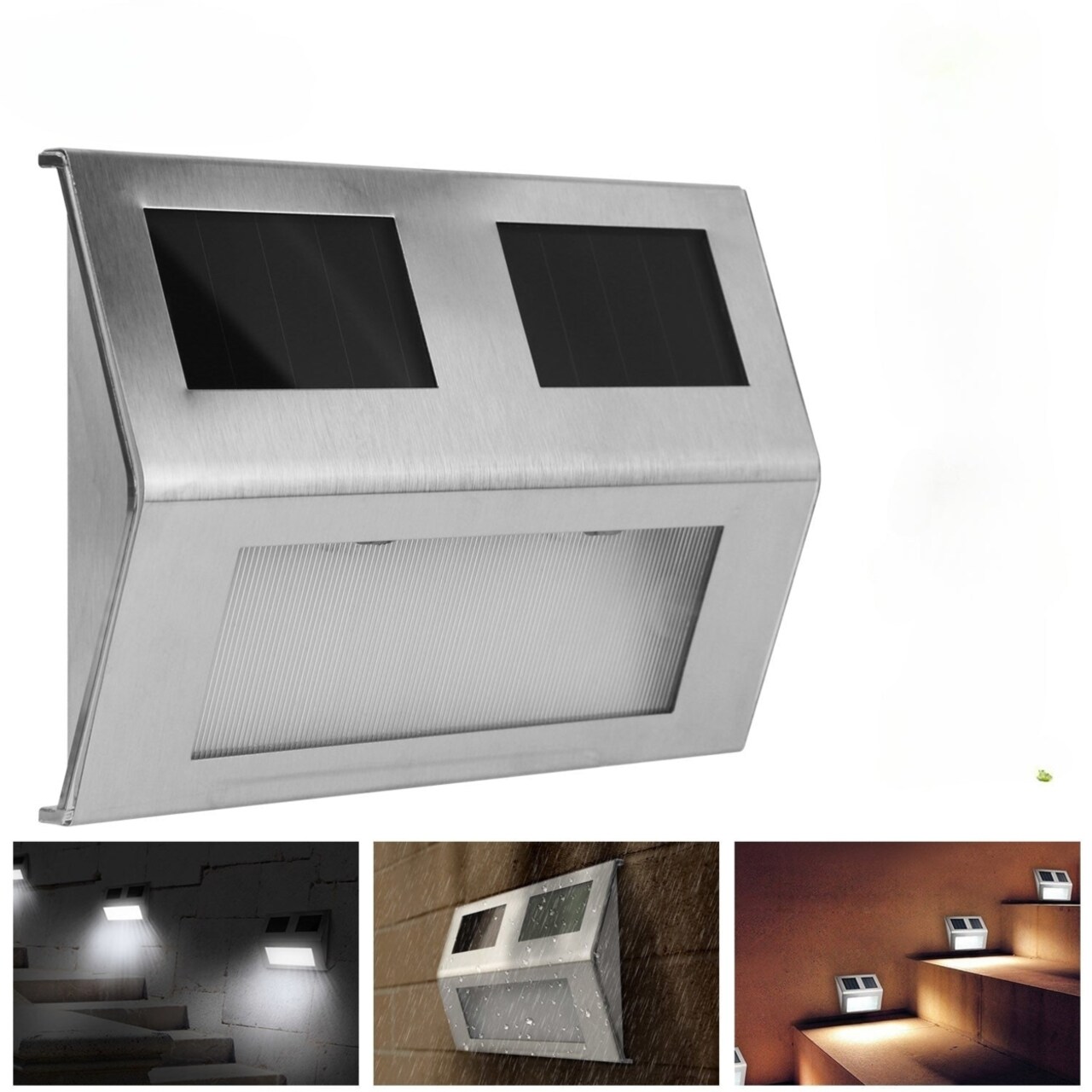 2 Pack Solar Light 2 Leds Wall Lamp Stair Step Outdoor Waterproof Security Light With Auto On Off